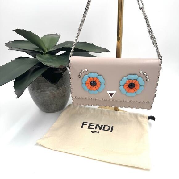 Fendi Beige Blue Orange Owl WOC Crossbody Bag SHW Scalloped Edges - Picture 2 of 14